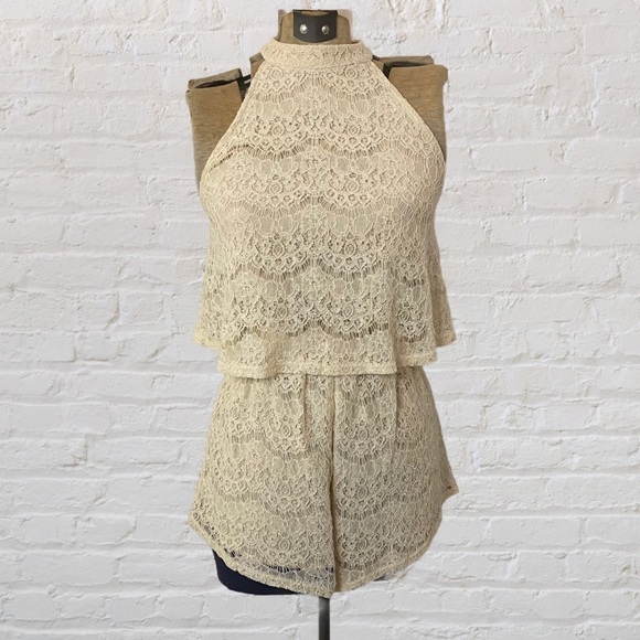 Beau Tissu Cream Crochet Lace Open Back Sleeveless Halter Romper - Picture 2 of 9